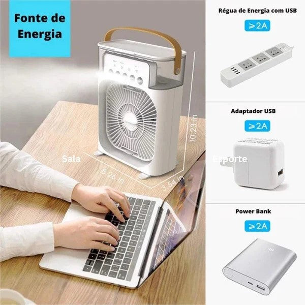 Mini Ar Condicionado Portátil 3 em 1 com Reservatório de 600ml – Frescor, Umidificação e Iluminação LED