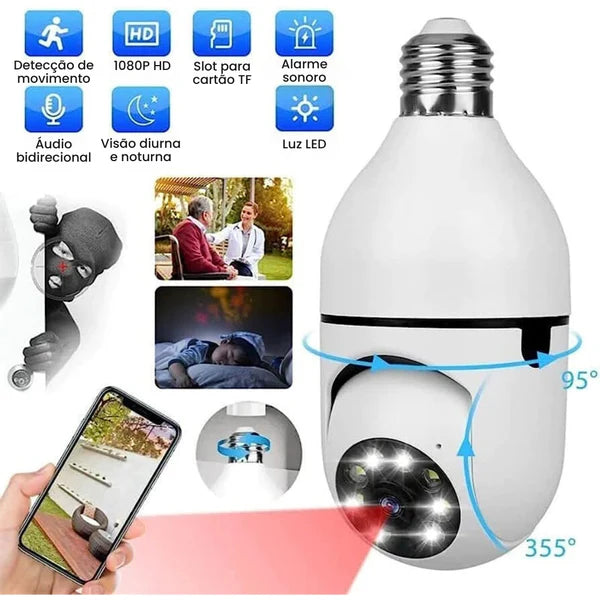 Câmera wifi sem fio giratória 360 com encaixe lampada bocal rosca full HD visão noturna